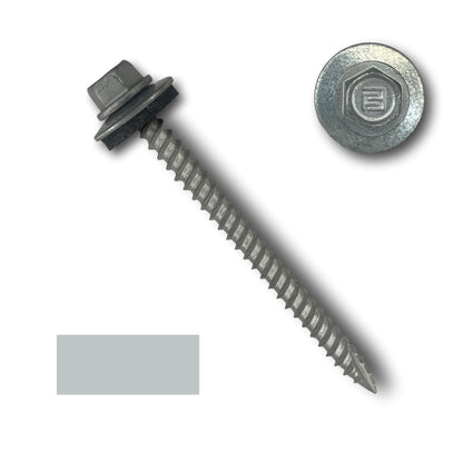 A Perma Cover #10 Metal Roofing Screws (Metal-to-Wood) with a washer, shown from a side and top angle. The screw has wide course threads and a sharp tip, with a 1/4" hex head on top. An EPDM rubber washer is fitted beneath the head. A small rectangular piece of gray metal is located to the lower left of the image.