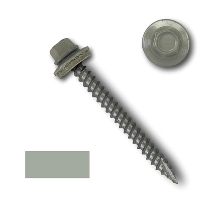 A close-up image of a gray Perma Cover #10 Metal Roofing Screws (Metal-to-Wood) with wide coarse threads, a built-in EPDM rubber washer, and a 1/4" hex head is laid at an angle on a white background. The head of a second identical screw and a small gray rectangular color sample are also visible.