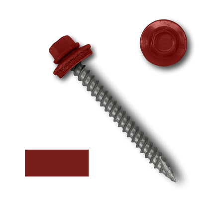 A red Perma Cover #10 Metal Roofing Screws (Metal-to-Wood) with a washer is shown. The head and the EPDM rubber washer are colored in red. The screw is positioned diagonally, while a close-up of the head and washer are displayed above it on the right along with its wide course threads. A red color swatch is also shown.