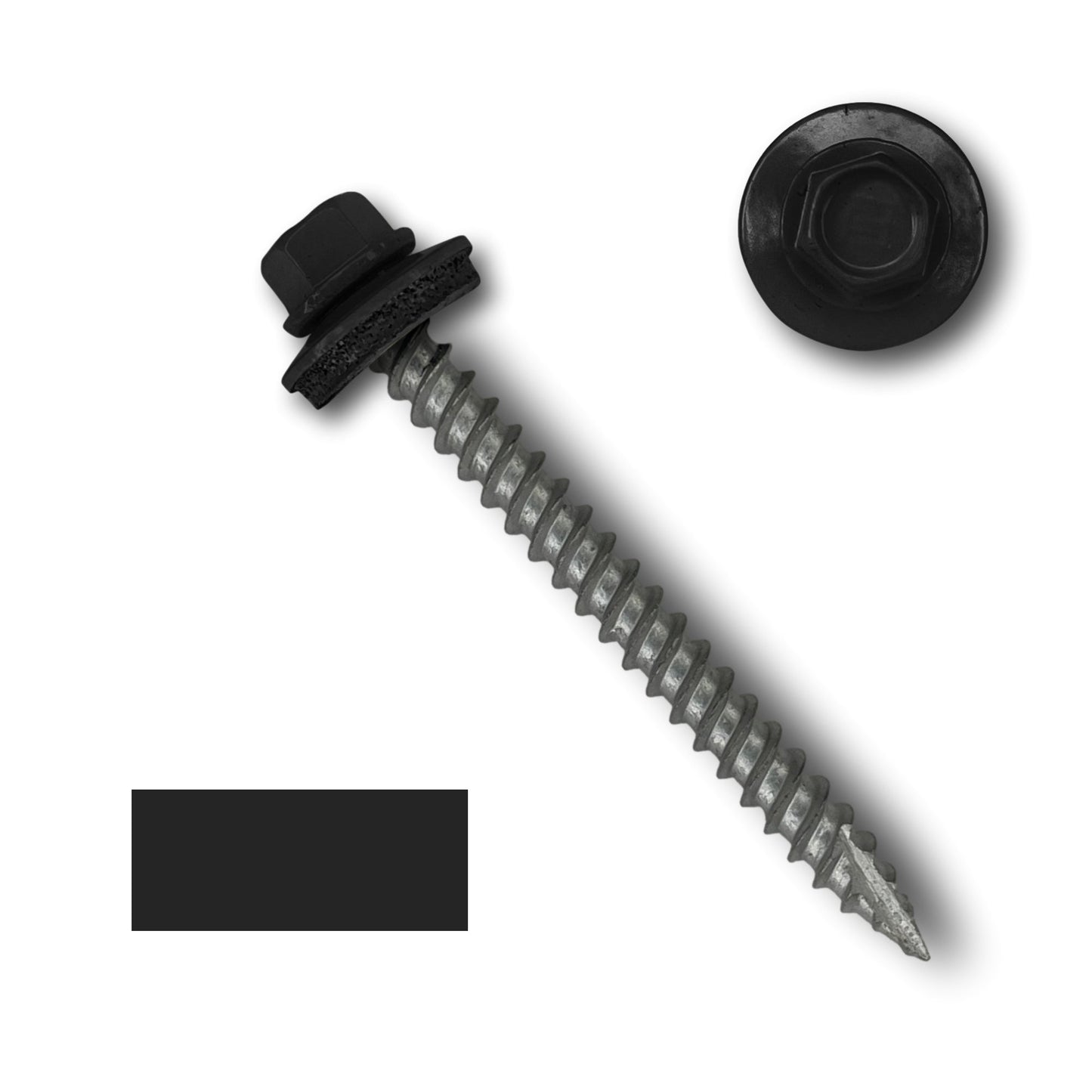 A Perma Cover #10 Metal Roofing Screws (Metal-to-Wood), paired with an EPDM rubber washer and a metal washer, is laid diagonally. A separate hex head is shown above it. The background is white, and there is a black rectangular shape in the bottom left corner.