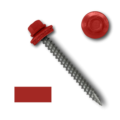 An image of a red #10 Metal Roofing Screws (Metal-to-Wood) by Perma Cover with wide course threads and an EPDM rubber washer. The 1/4' hex head is shown close-up above the diagonally positioned screw. A red color sample block is displayed on the left side of the image.