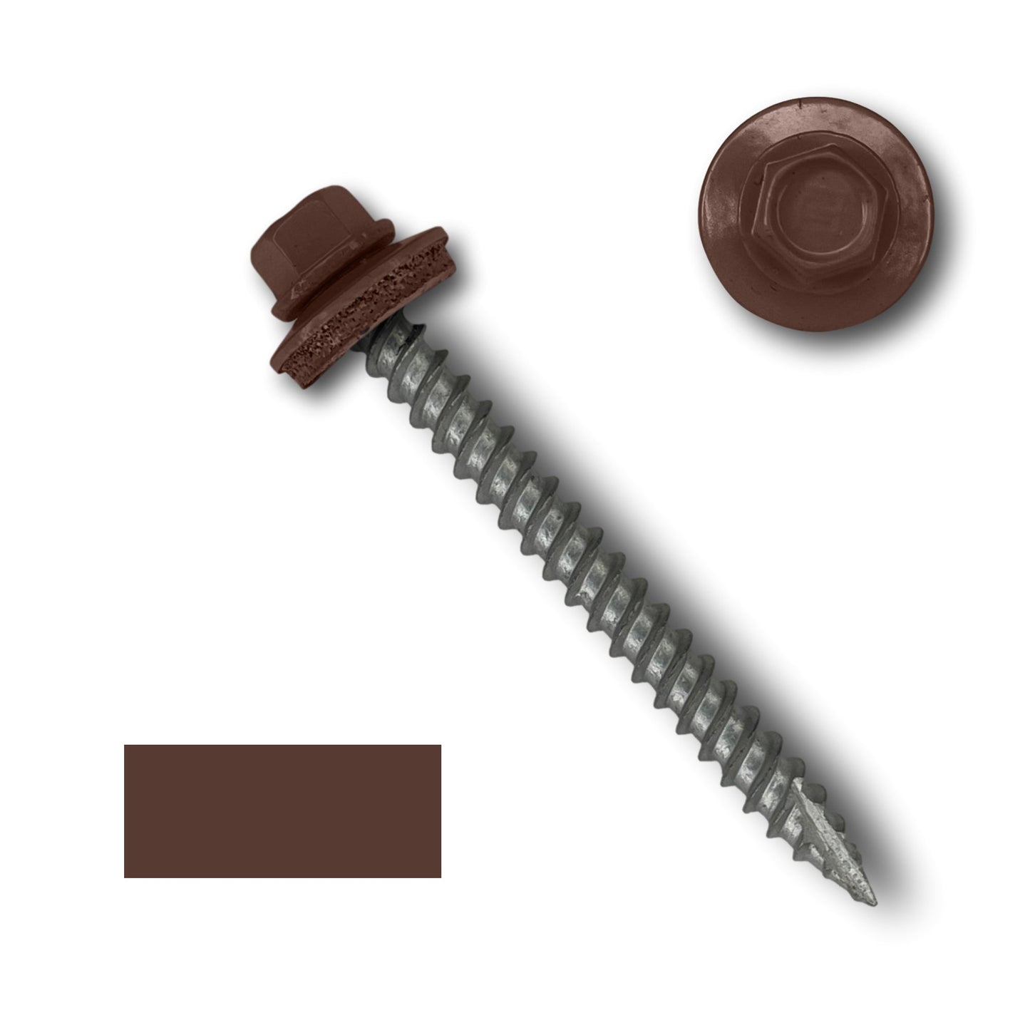 A #10 Metal Roofing Screws (Metal-to-Wood) from Perma Cover with a 1/4" hex head, wide course threads, and an EPDM rubber washer for added sealing, commonly used for metal roofing, is shown. The screw has a pointed tip and a threaded metal shaft. An isolated top view of the hex head and a brown color sample are also included in the image.