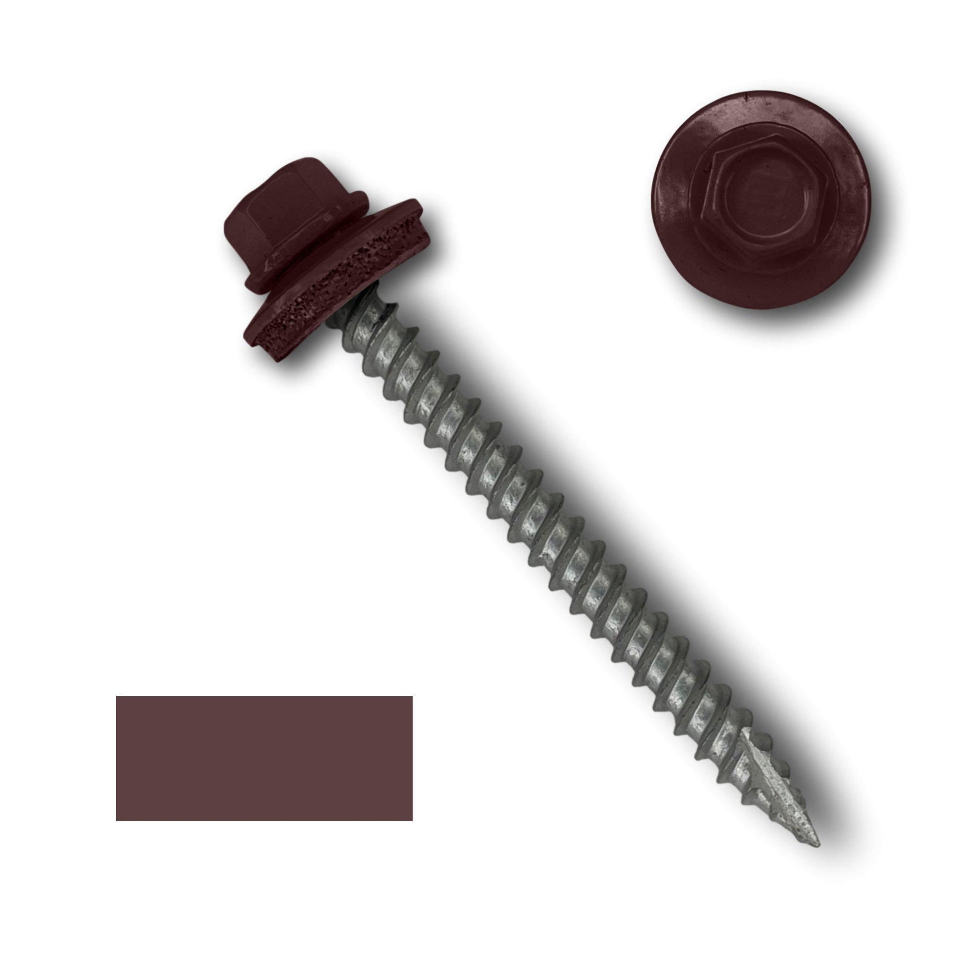 A single maroon Perma Cover #10 Metal Roofing Screw (Metal-to-Wood) with an EPDM rubber washer is shown against a white background. The image includes three different views: the side profile of the screw, a top view of the screw head, and a solid maroon color swatch.