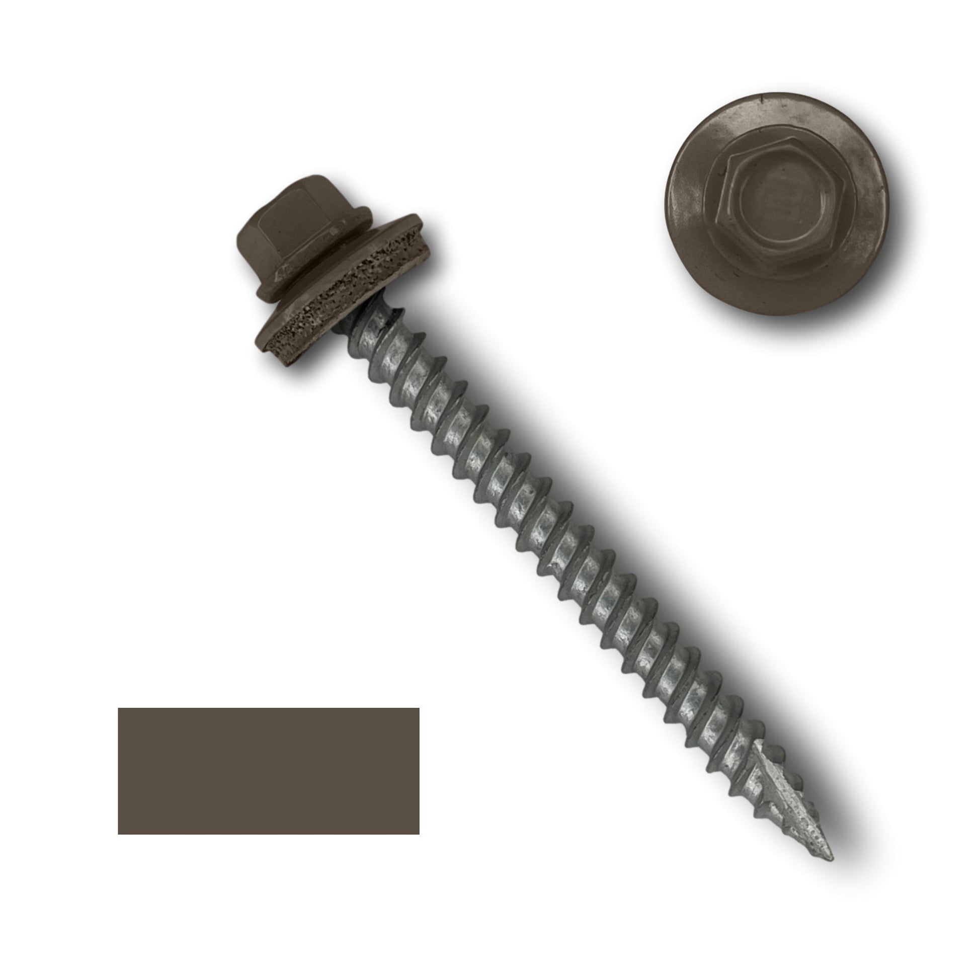 A Perma Cover #10 Metal Roofing Screw (Metal-to-Wood) with a brown finish is shown. The 1/4" hex head screw features wide course threads and an EPDM rubber washer attached below the head. Next to the screw, there's a separate image of its head to display the design, along with a brown color swatch matching the screw's head.