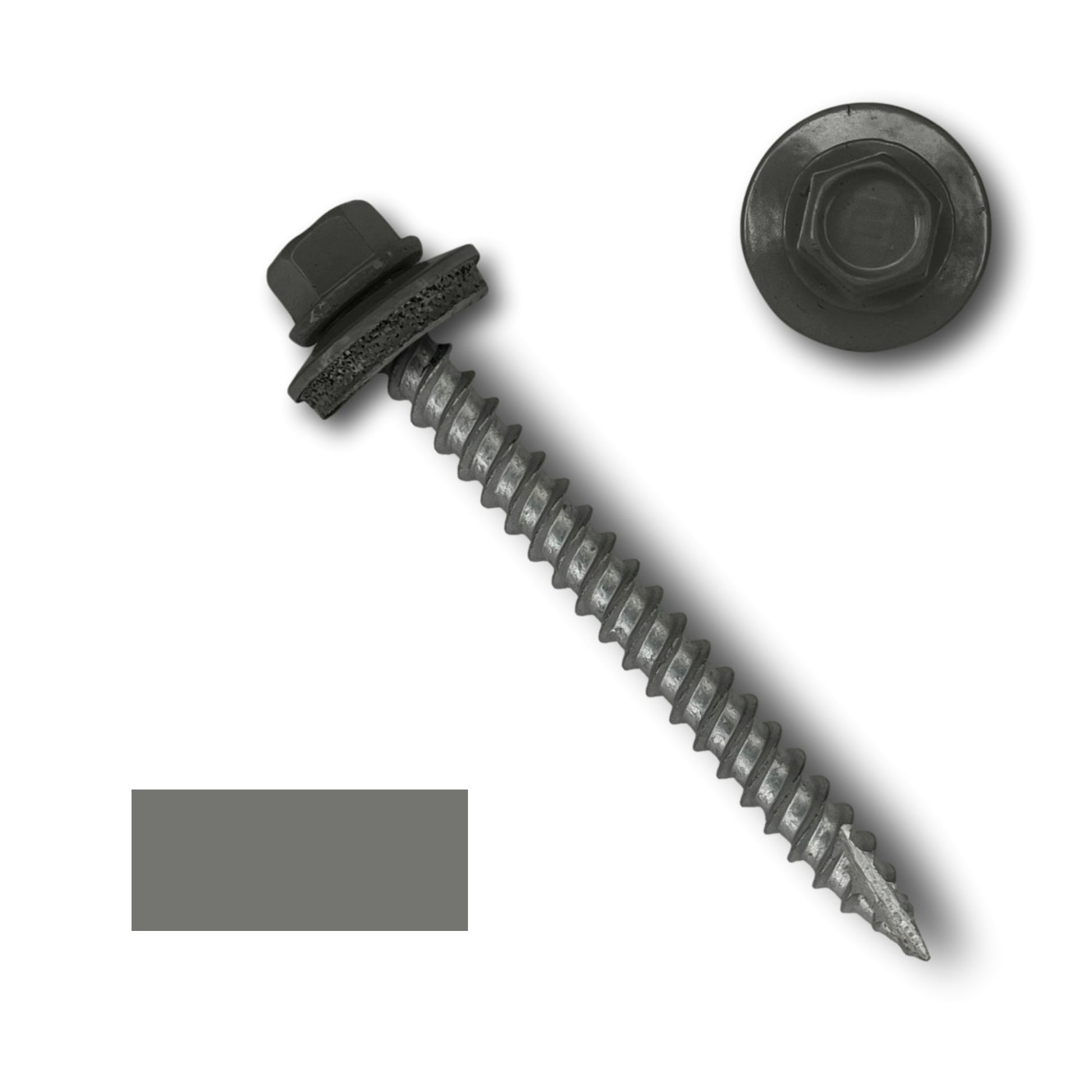 A Perma Cover #10 Metal Roofing Screws (Metal-to-Wood) with a 1/4" hex head and EPDM rubber washer is shown. The screw has wide coarse threads on its metal shank and is placed diagonally. A top-down view of the screw head and another EPDM rubber washer are seen nearby. An incomplete grey square is on the left.