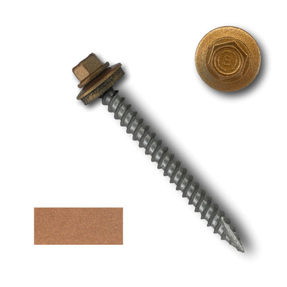 A close-up image of a Perma Cover #10 Metal Roofing Screws (Metal-to-Wood) with an EPDM rubber washer and a copper-colored coating. The 1/4' hex head screw features wide course threads and a sharp point. Included are samples of the screw's color and the head's appearance from the top view.