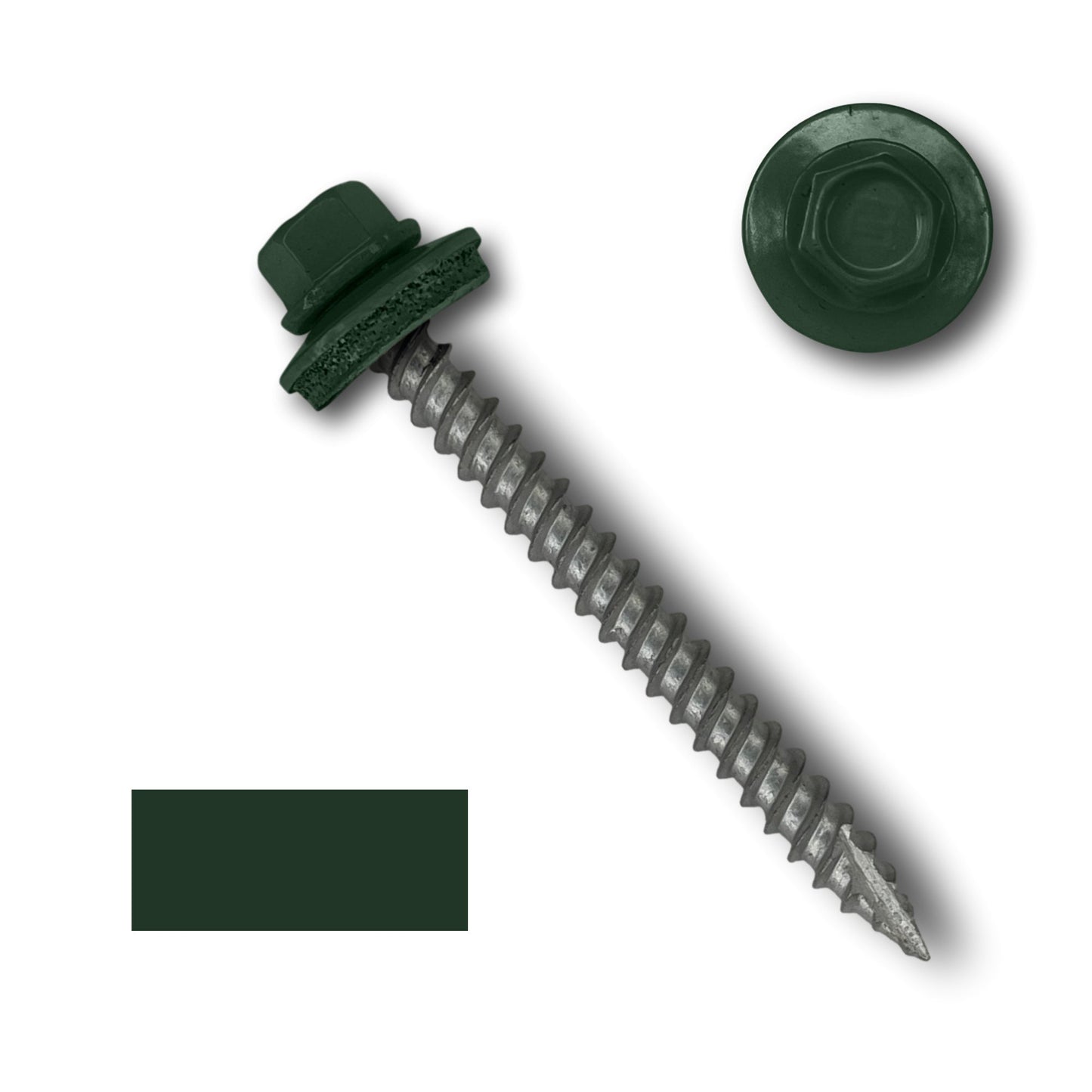 Close-up of a green #10 Metal Roofing Screws (Metal-to-Wood) with an EPDM rubber washer, and a detached green hex head cap shown from above. The image includes a green color swatch matching the screw's head. The screw has a sharp pointed end, wide course threads, and a spiral thread.