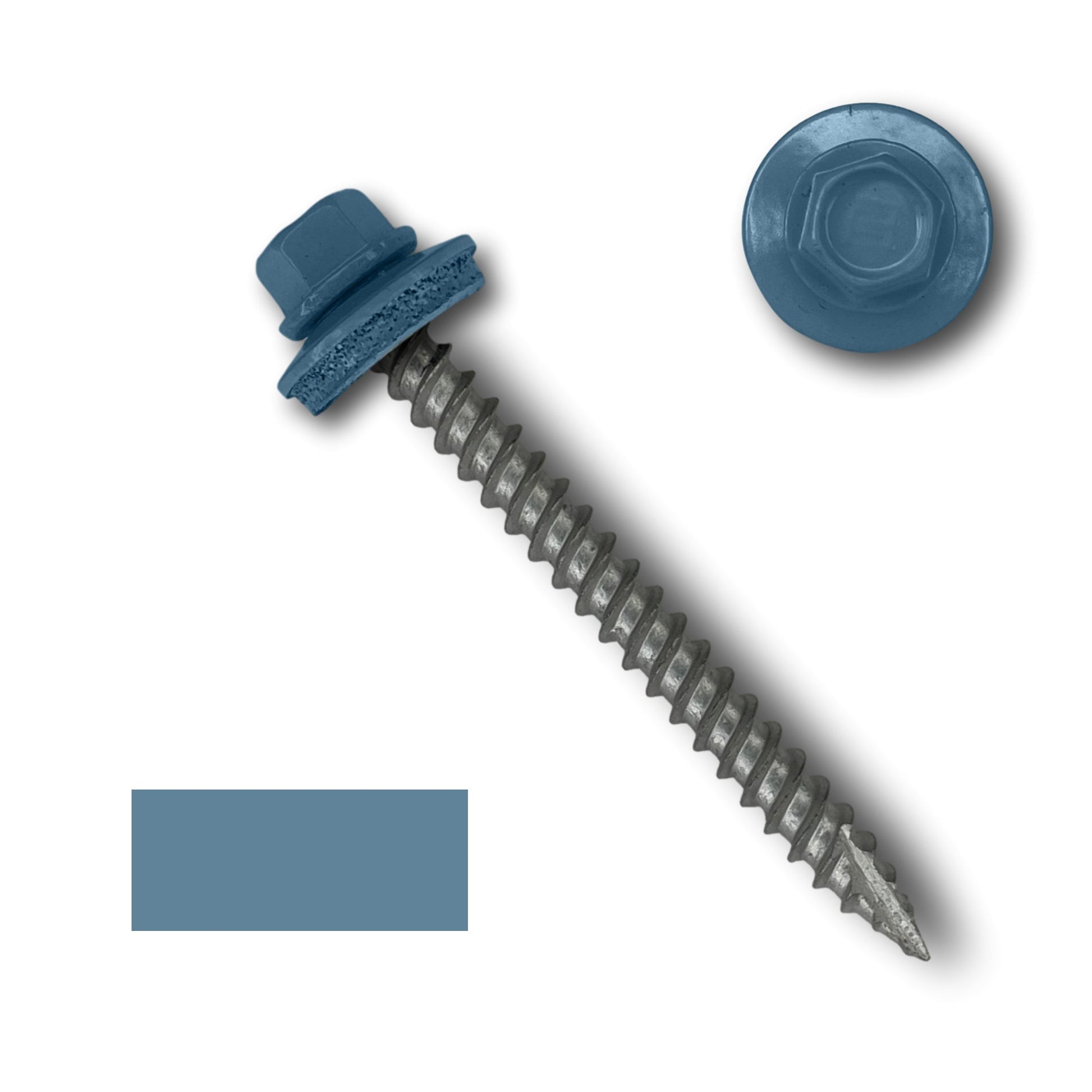 A blue #10 Metal Roofing Screw (Metal-to-Wood) from Perma Cover with wide course threads and an attached EPDM rubber washer is shown. The screw is positioned diagonally with its pointed end at the bottom. The blue color is also displayed in a square swatch on the left and a close-up of the head on the top right.