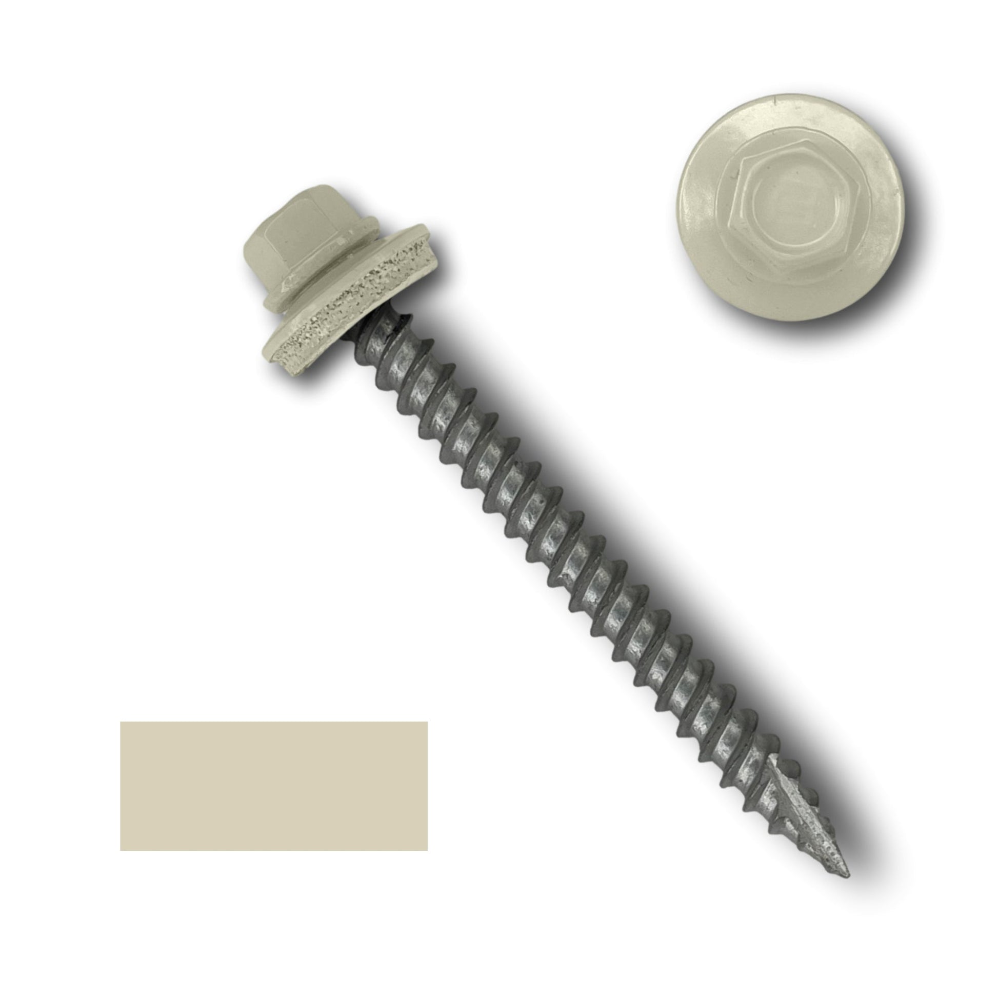 An image of a Perma Cover #10 Metal Roofing Screws (Metal-to-Wood) with an EPDM rubber washer attached. The screw has a pointed end and wide course threads on its body. There is an individual top view of the hex head and a color sample swatch beside the screw.