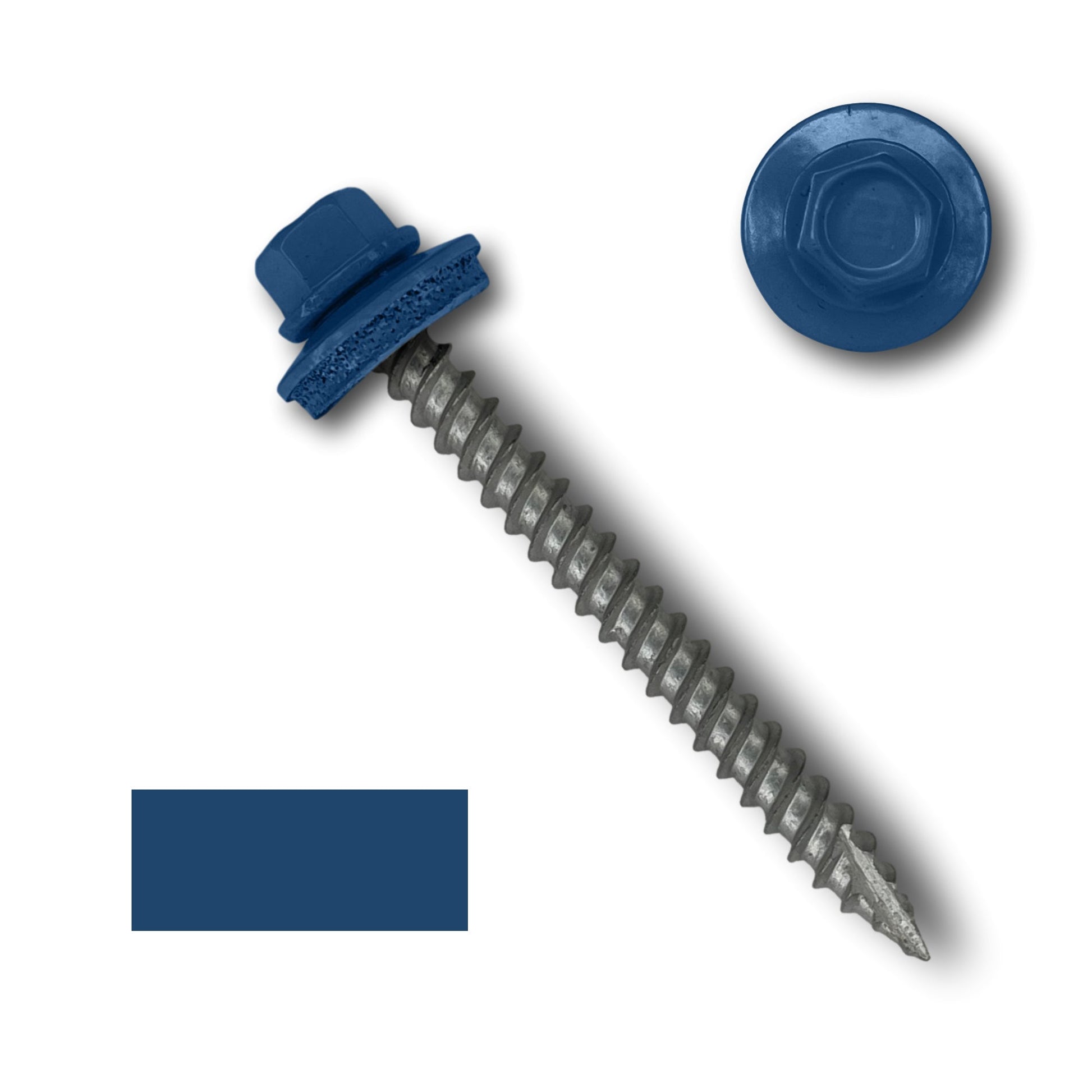 Image of a blue 1/4' hex head screw with wide coarse threads and an EPDM rubber washer, placed diagonally on a white background. The screw has sharp threads and a pointed end. There is an enlarged view of the screw head beside it and a small blue color swatch below. This product is the Perma Cover #10 Metal Roofing Screws (Metal-to-Wood).