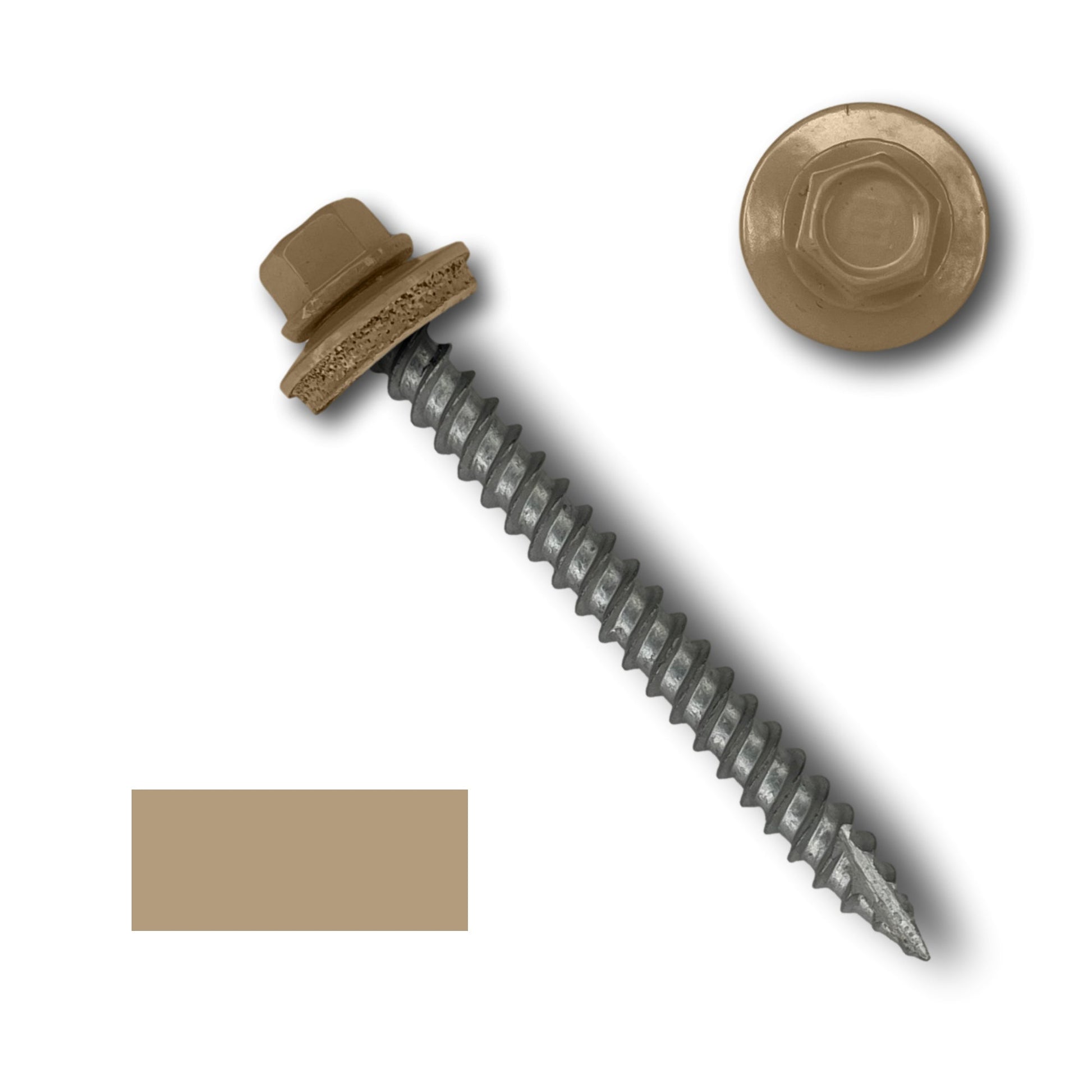 A Perma Cover #10 Metal Roofing Screw (Metal-to-Wood) with a 1/4" hexagonal brown head and an EPDM rubber washer lies diagonally on a white background. The screw has a pointed tip and wide coarse threads. A separate view of the brown head and washer is shown above the screw, accompanied by a brown color swatch to the left.