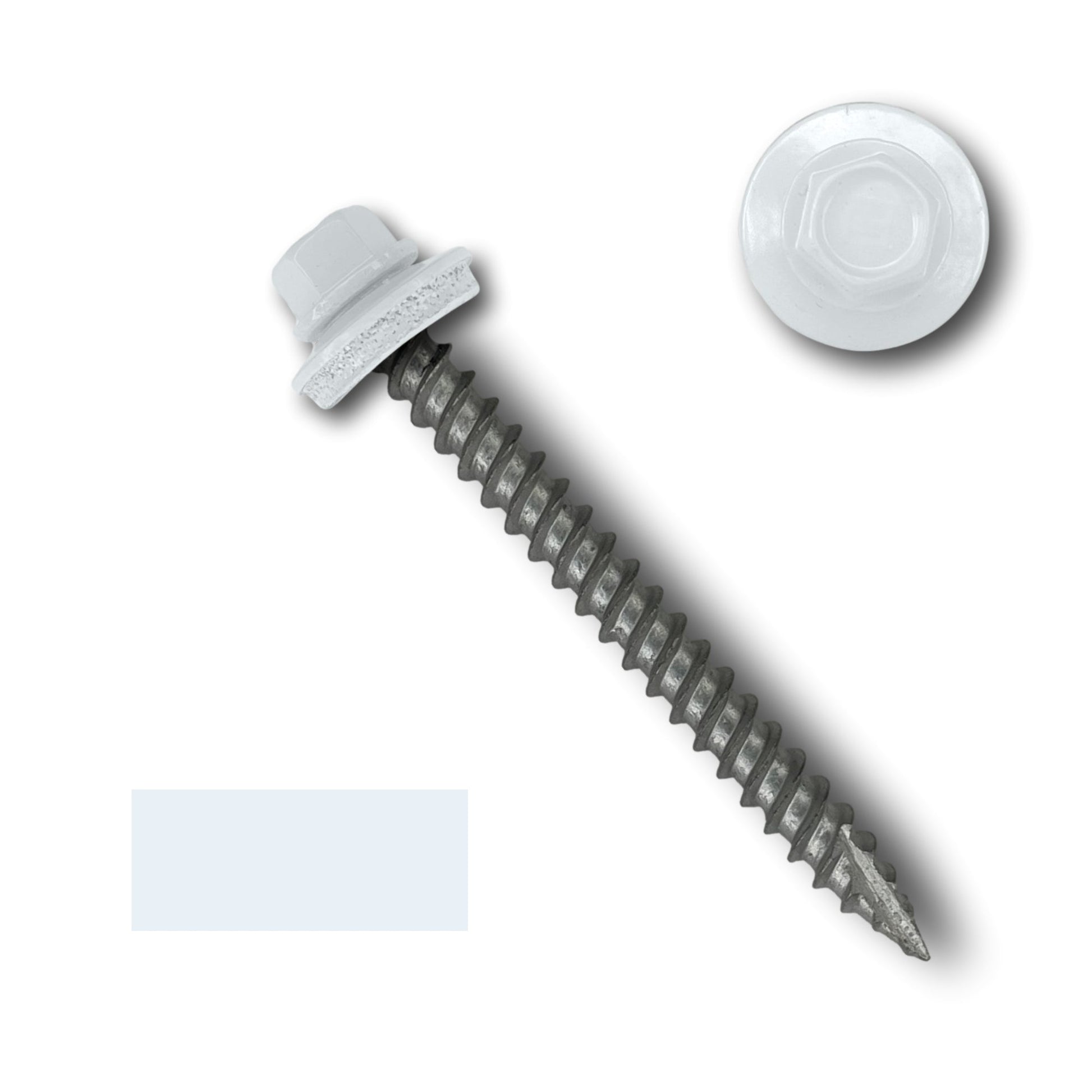 An image of a Perma Cover #10 Metal Roofing Screws (Metal-to-Wood) with a white EPDM rubber washer, shown from its side and top view. The screw features wide coarse threads and a pointed tip. The washer is white and circular, matching the hex head. A small, rectangular, light blue swatch is displayed below the screw.