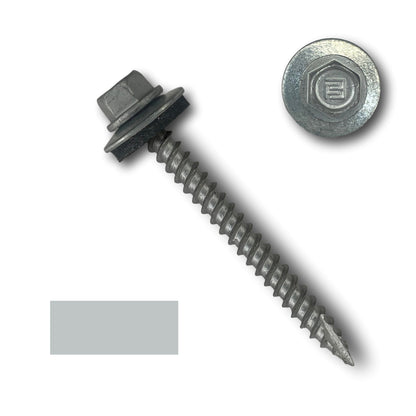 A close-up image of a self-drilling hex head screw with wide course threads and an integrated EPDM rubber washer. The screw has a sharp tip and a threaded body. To the right of the screw is a top-down view of the 1/4" hex head, displaying a manufacturer's logo. There's a grey color swatch in the bottom left corner. The product is identified as Perm A Cover #10 Metal Roofing Screws (Metal-to-Wood).