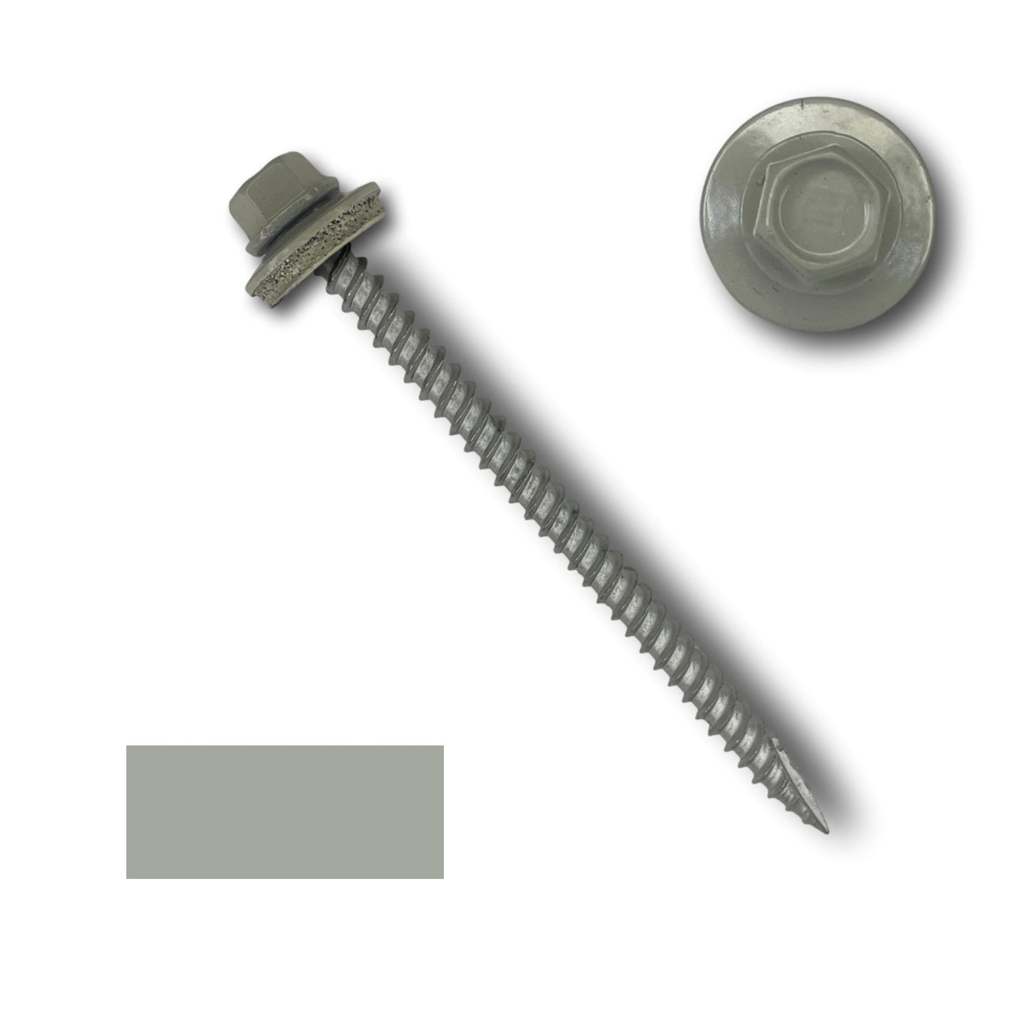 #10 Metal Roofing Screws (Metal-to-Wood) by Perma Cover with a 1/4' hex head, EPDM rubber washer, and wide course threads, colored light grey. The head is shown in a separate close-up at the top right corner. A small swatch of the same light grey color is visible in the bottom left corner.