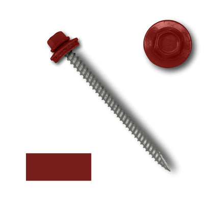 A red 1/4" hex head #10 Metal Roofing Screws (Metal-to-Wood) by Perma Cover with an EPDM rubber washer attached is displayed. The screw head and washer are shown in close-up detail at the top right, and there is a small red square color sample at the bottom left. The screw itself, featuring wide coarse threads, is shown diagonally.