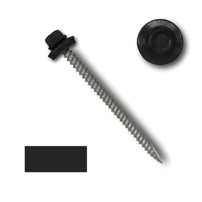 A Perma Cover #10 Metal Roofing Screws (Metal-to-Wood) with an attached EPDM rubber washer, featuring a pointed tip and wide coarse threads, is shown alongside a top view of the hex head. Below these, there is a black, rectangular color sample. The screw and hex head are in grayscale.