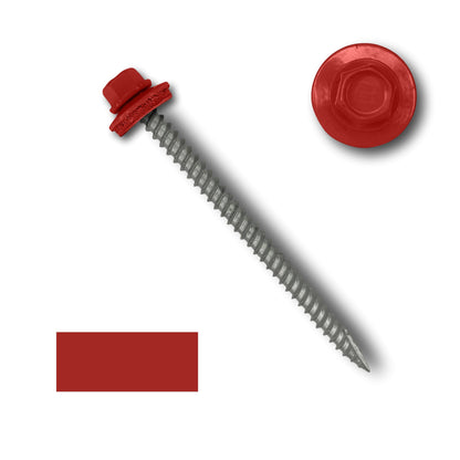 A #10 Metal Roofing Screw (Metal-to-Wood) from Perma Cover with a 1/4" hex head and wide coarse threads lies diagonally against a white background. A close-up of the screw head and a red color swatch are displayed next to it.