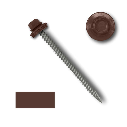 A Perma Cover #10 Metal Roofing Screws (Metal-to-Wood) is displayed in two views: a full view showing the length and wide course threads of the screw, and a top view showing the 1/4' hexagonal shape of the head. A color swatch matching the screw's head color is also shown.