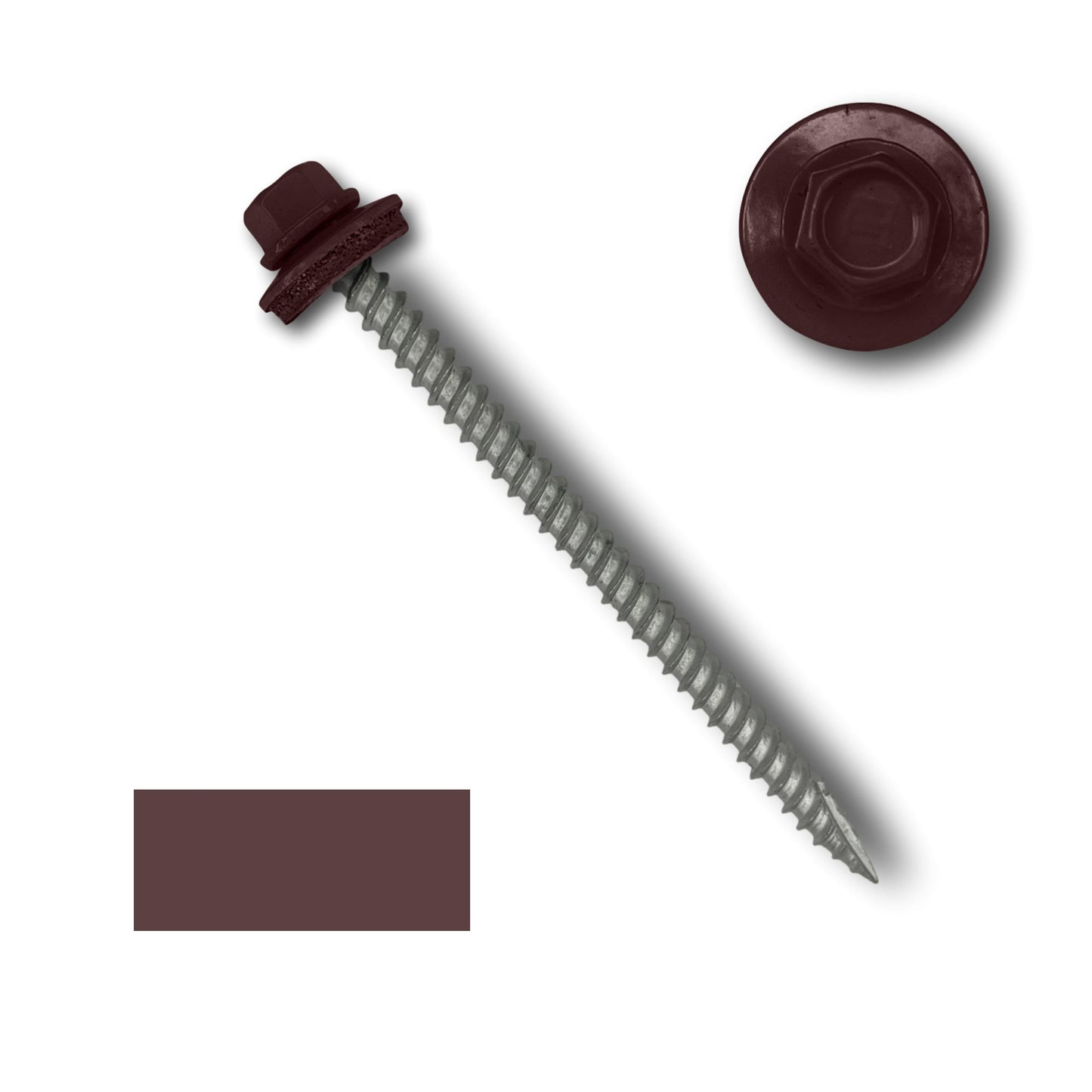 A close-up image of a maroon Perma Cover #10 Metal Roofing Screws (Metal-to-Wood) with a 1/4" hex head and an EPDM rubber washer. The screw is placed in the center, oriented diagonally. In the top right corner, there's an enlarged view of the hex head. A maroon color swatch is shown in the bottom left corner.