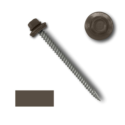 A brown 1/4' hex head screw with an EPDM rubber washer attached. The screw features wide course threads along its shaft. A close-up of the screw head is shown to the right, and a brown color swatch is displayed below. The image has a white background. Product Name: #10 Metal Roofing Screws (Metal-to-Wood). Brand Name: Perma Cover