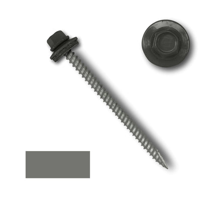 A Perma Cover #10 Metal Roofing Screws (Metal-to-Wood) with a 1/4' hex head and an EPDM rubber washer, featuring a threaded metal body with wide course threads and a sharp point. The screw is zinc-plated, with an additional close-up of the hex head displayed above it. A small gray color swatch is included on the left side of the image.