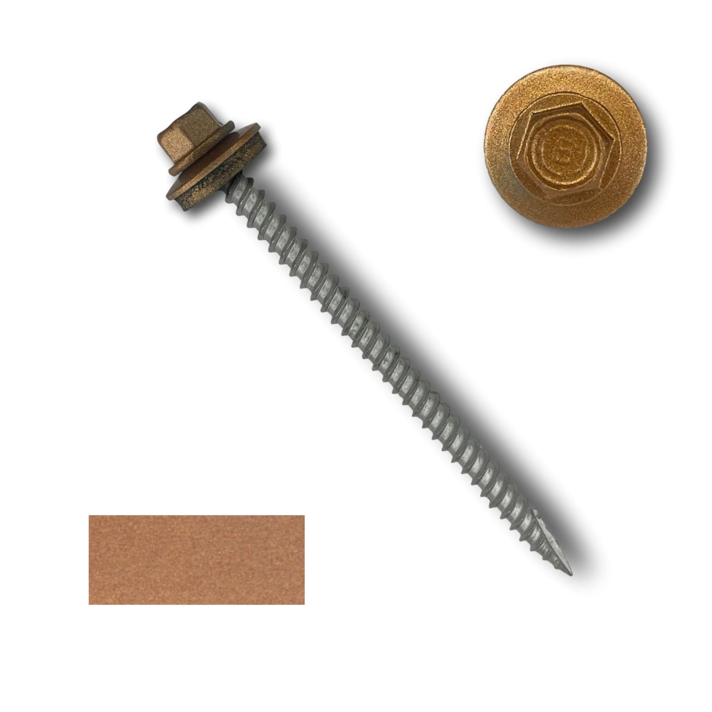 A Perma Cover #10 Metal Roofing Screw (Metal-to-Wood) with a gold-colored, 1/4' hex head and an attached EPDM rubber washer. The screw features wide course threads, a pointed tip, and a threaded shaft. Adjacent to the Perma Cover screw are close-up views of the hexagonal head and a rectangular swatch of the same gold color.