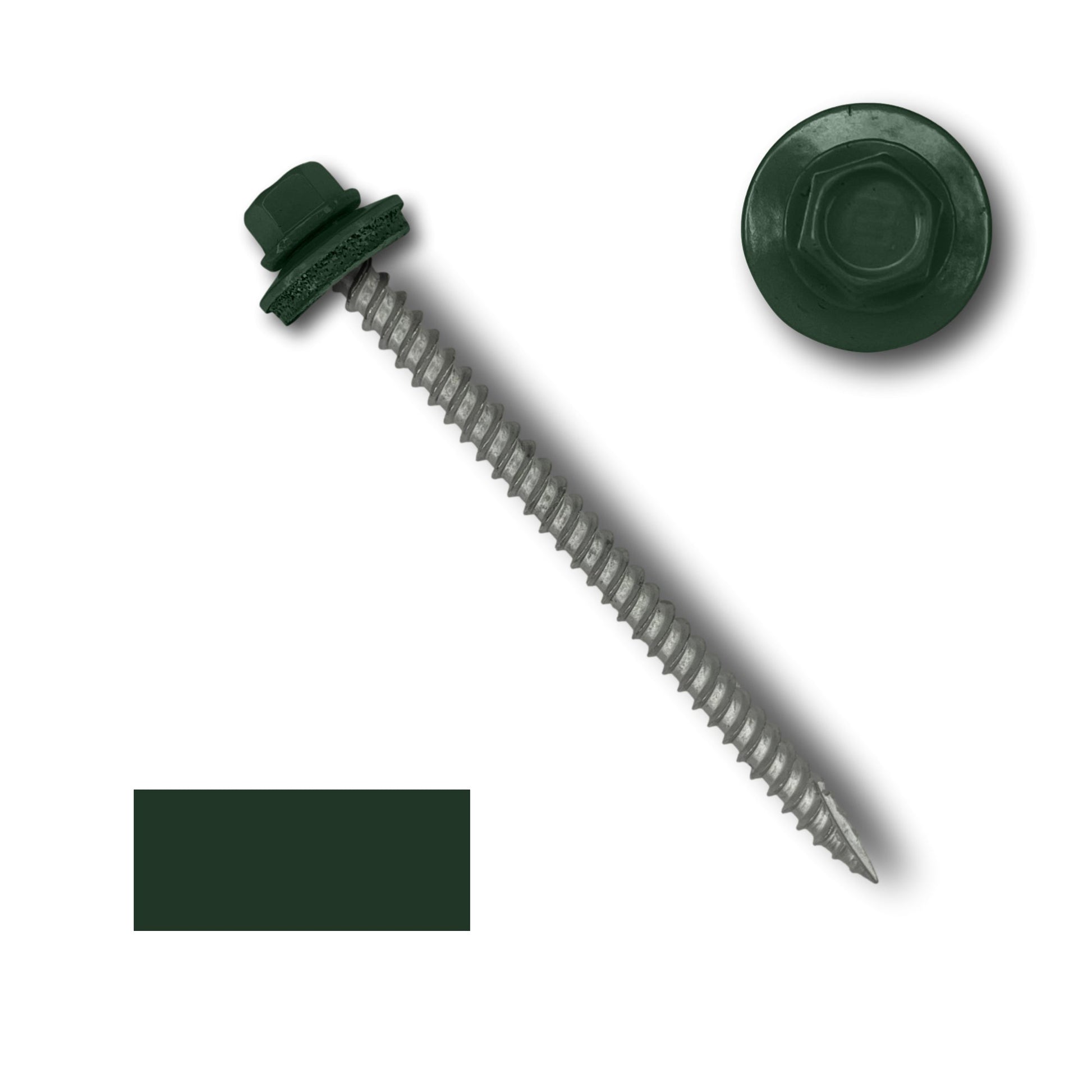 A green 1/4' hex head #10 Metal Roofing Screws (Metal-to-Wood) by Perma Cover with an EPDM rubber washer and a partially threaded shank, displayed on a white background. A close-up view of the head and washer, showcasing its wide course threads, along with a green rectangular color swatch are also shown.