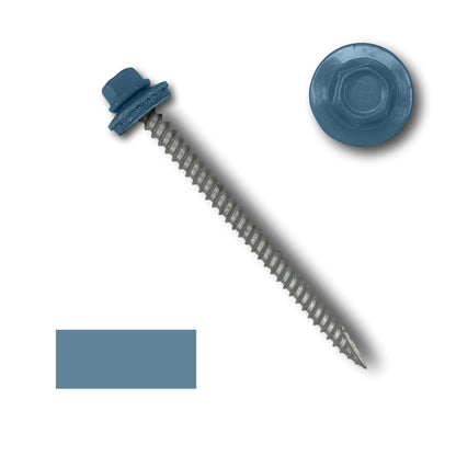 A blue 1/4' hex head #10 Metal Roofing Screw with an EPDM rubber washer by Perma Cover, shown at an angle. To the right is a close-up of the head and washer of the screw. Below is a blue rectangular color sample matching the head and washer. The screw features wide coarse threads and a sharp point.