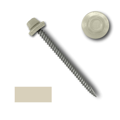 A close-up image of a Perma Cover #10 Metal Roofing Screws (Metal-to-Wood) with a 1/4' hex head and attached EPDM rubber washer. The screw is positioned diagonally. There is a separated round view of the hexagonal head, and a beige rectangular color swatch at the bottom left corner.