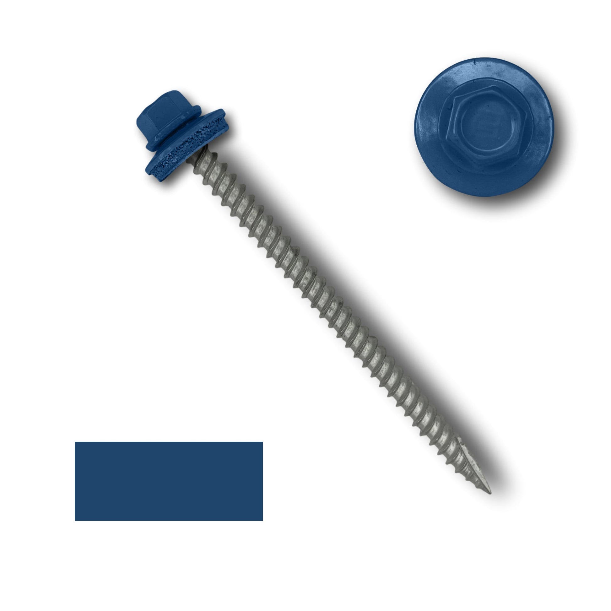 A silver-colored #10 Metal Roofing Screw (Metal-to-Wood) by Perma Cover with a blue 1/4" hex head and EPDM rubber washer is displayed diagonally. Above the screw, a close-up view of the hexagonal head and washer is shown. To the left is a solid blue rectangle matching the color of the screw's head.