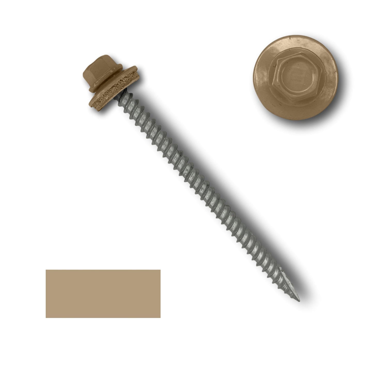 A #10 Metal Roofing Screw (Metal-to-Wood) by Perma Cover with a 1/4" hex head and integrated EPDM rubber washer, shown in a brown finish. The image also includes a close-up of the screw head and a rectangular swatch of the same brown color.