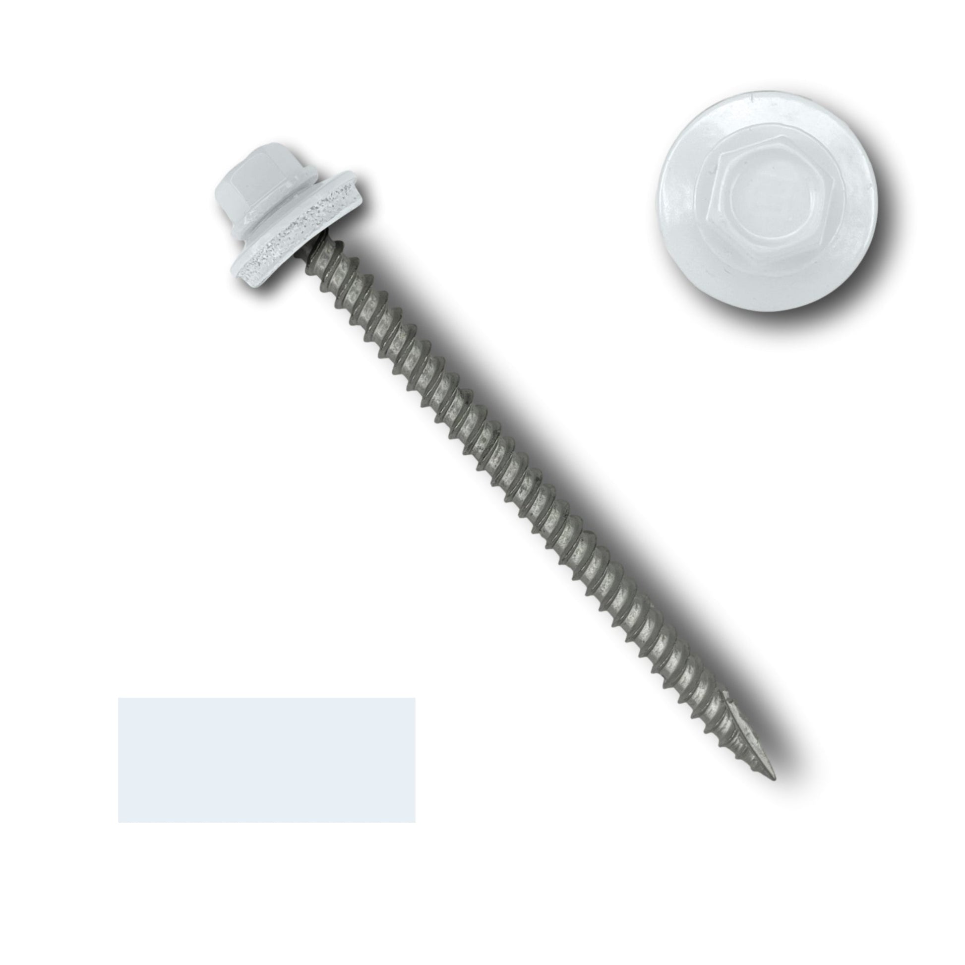 A Perma Cover #10 Metal Roofing Screw (Metal-to-Wood) with a 1/4" hex head and EPDM rubber washer is placed diagonally on a plain white background. At the top right corner, there's a close-up view of the screw head, showing the hexagonal shape in detail.