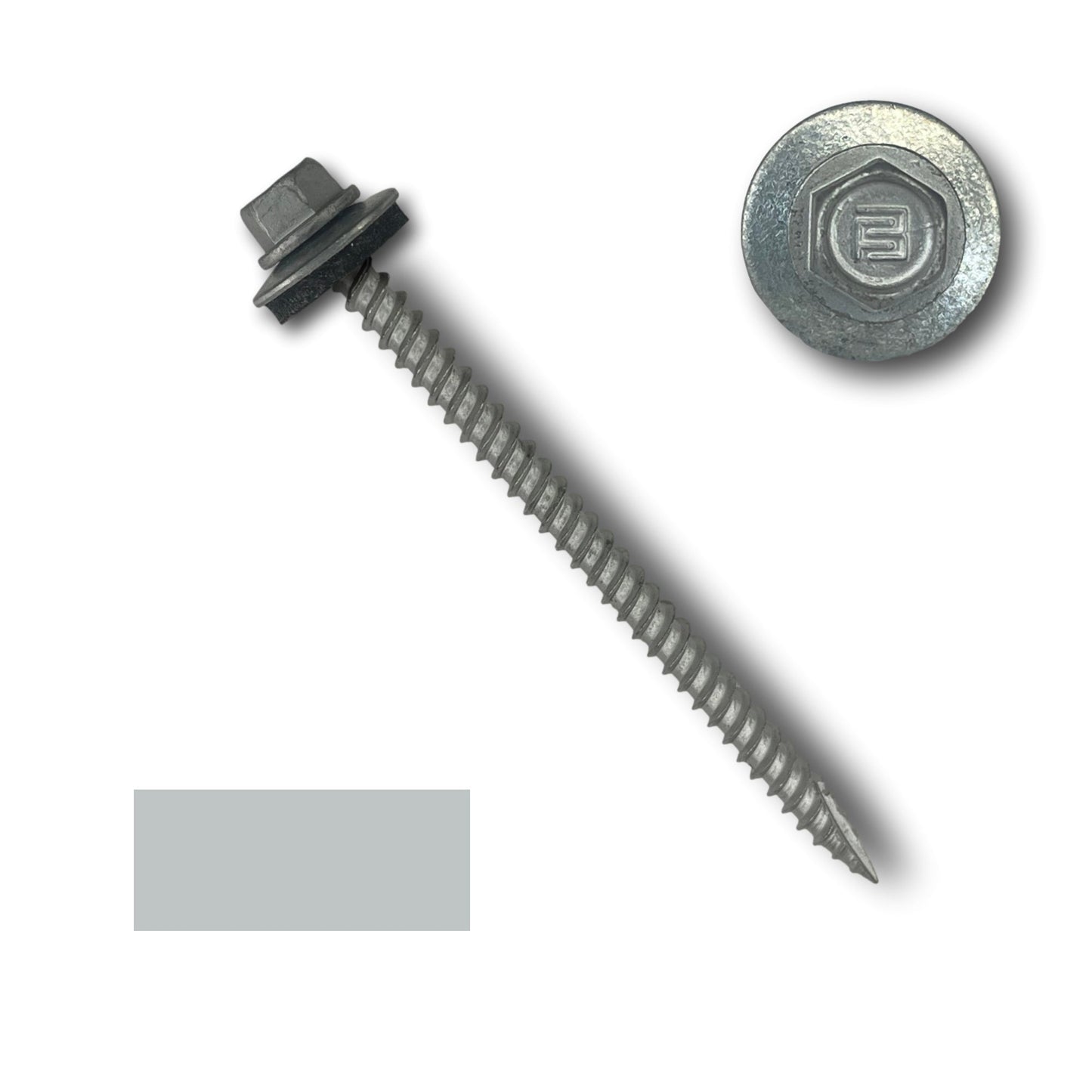 A close-up image of a Perma Cover #10 Metal Roofing Screws (Metal-to-Wood) with a 1/4' hex head, shown both from an angled side view and a top view of the head. The metallic screw features a built-in EPDM rubber washer, wide coarse threads, and a sharp tip for drilling. A square gray color swatch is also visible.