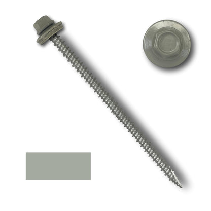 A close-up image of a green Perma Cover #10 Metal Roofing Screws (Metal-to-Wood) with a 1/4' hex head and an EPDM rubber washer. The image features both a side view highlighting the threaded body and head, as well as a top-down view showing the hexagonal shape of the head. A color swatch of green matches the screw's color.