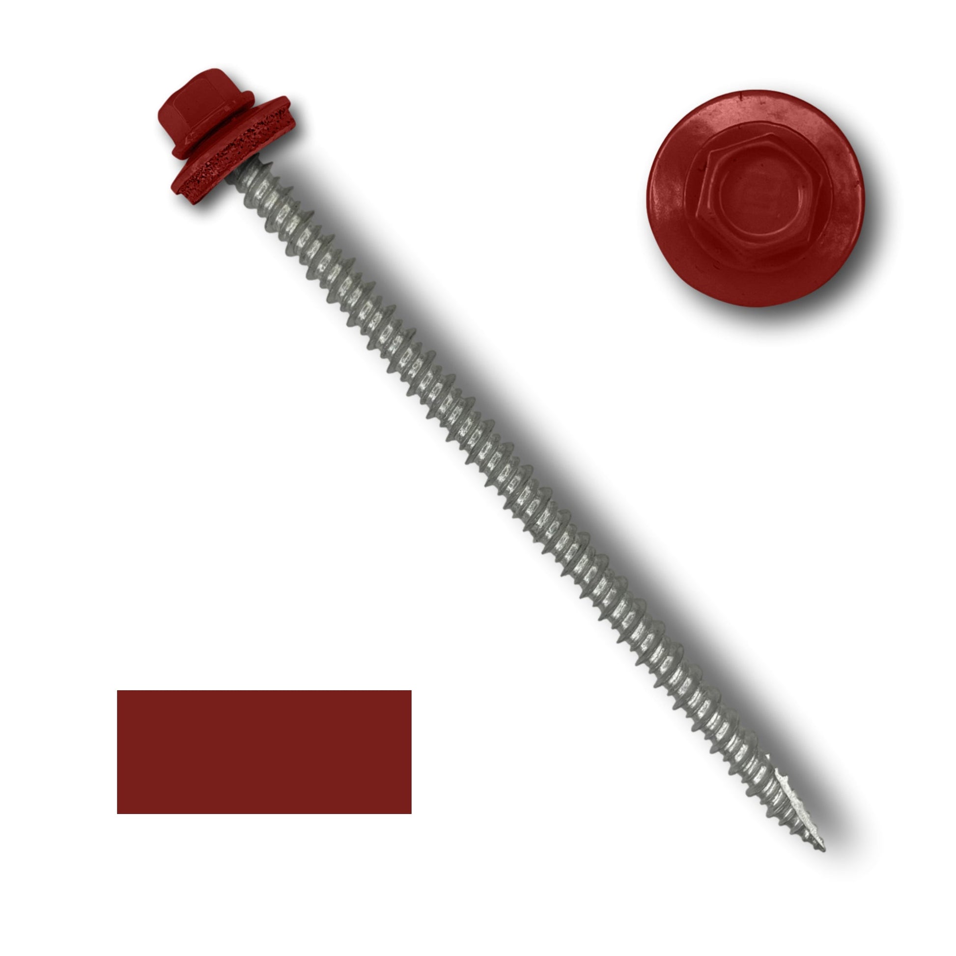 A long, silver, hex head screw with wide course threads and a red hexagonal head featuring an EPDM rubber washer. The top view of the 1/4' hex head and a red color sample are displayed beside it, showcasing the specific shade of red used on the screw's head and washer. This product is the #10 Metal Roofing Screws (Metal-to-Wood) by Perma Cover.