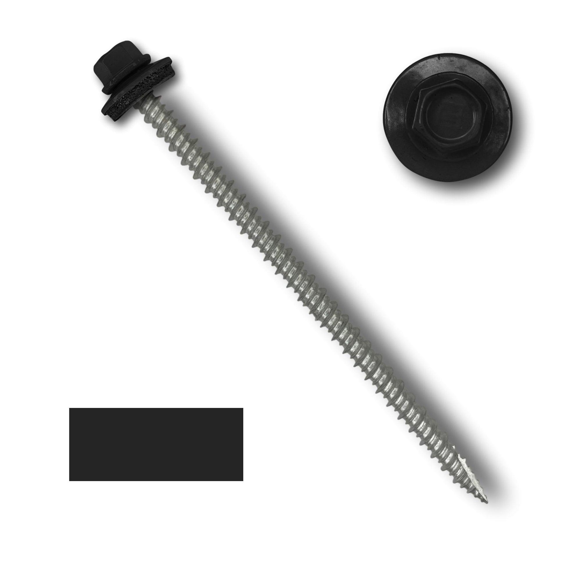 A close-up image of a long, silver, threaded #10 Metal Roofing Screw (Metal-to-Wood) with a black EPDM rubber washer and cap from Perma Cover. The background is plain white, showcasing the detailed texture of the wide course threads. A separate close-up of the 1/4' hex head is displayed in the upper right corner.