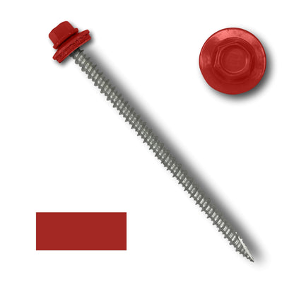 A #10 Metal Roofing Screw (Metal-to-Wood) by Perma Cover with wide coarse threads, a red EPDM rubber washer, and a 1/4" hex head is shown on a white background. A close-up view of the screw head and a red color swatch are included beside the screw.