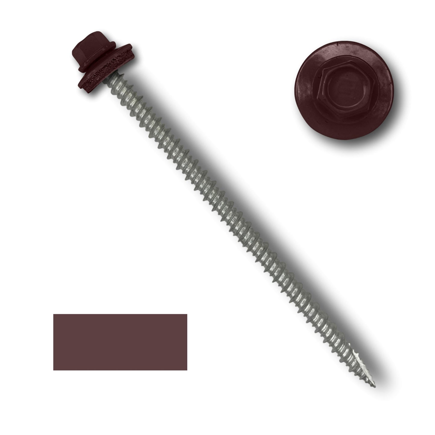 An elongated #10 Metal Roofing Screw (Metal-to-Wood) by Perma Cover with a 1/4' hex head and an EPDM rubber washer is displayed. Above it is a close-up view of the screw head, showcasing its wide course threads, and to the left is a rectangular sample of the matching color, a deep maroon.