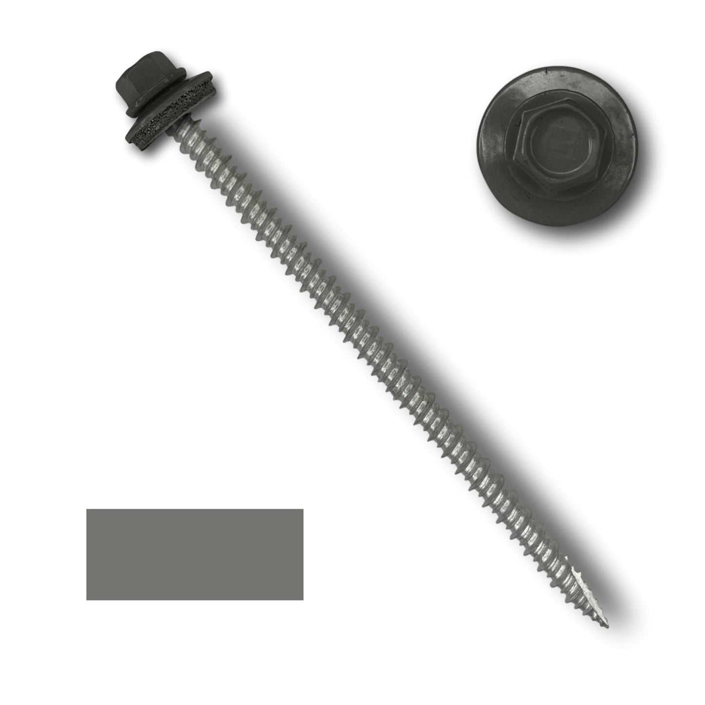 An elongated Perma Cover #10 Metal Roofing Screw (Metal-to-Wood) with a 1/4' hex head and an EPDM rubber washer. The image shows the screw both in full length and a close-up view of its head, highlighting its wide course threads. There is also a color sample rectangle in grey on the left side of the image.