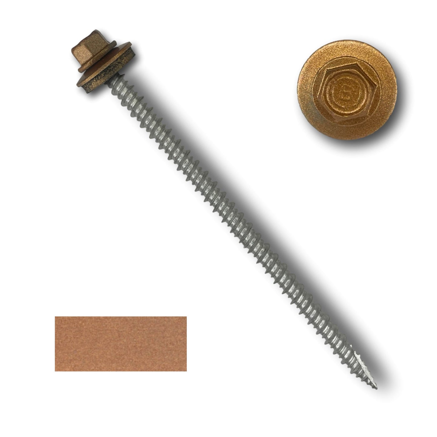 An angled view of a Perma Cover #10 Metal Roofing Screws (Metal-to-Wood) with a 1/4' hex head and integrated EPDM rubber washer. The screw features wide course threads and is silver with a gold-colored hexagonal head. The image also includes a close-up view of the screw head and a small color swatch of the same gold finish.