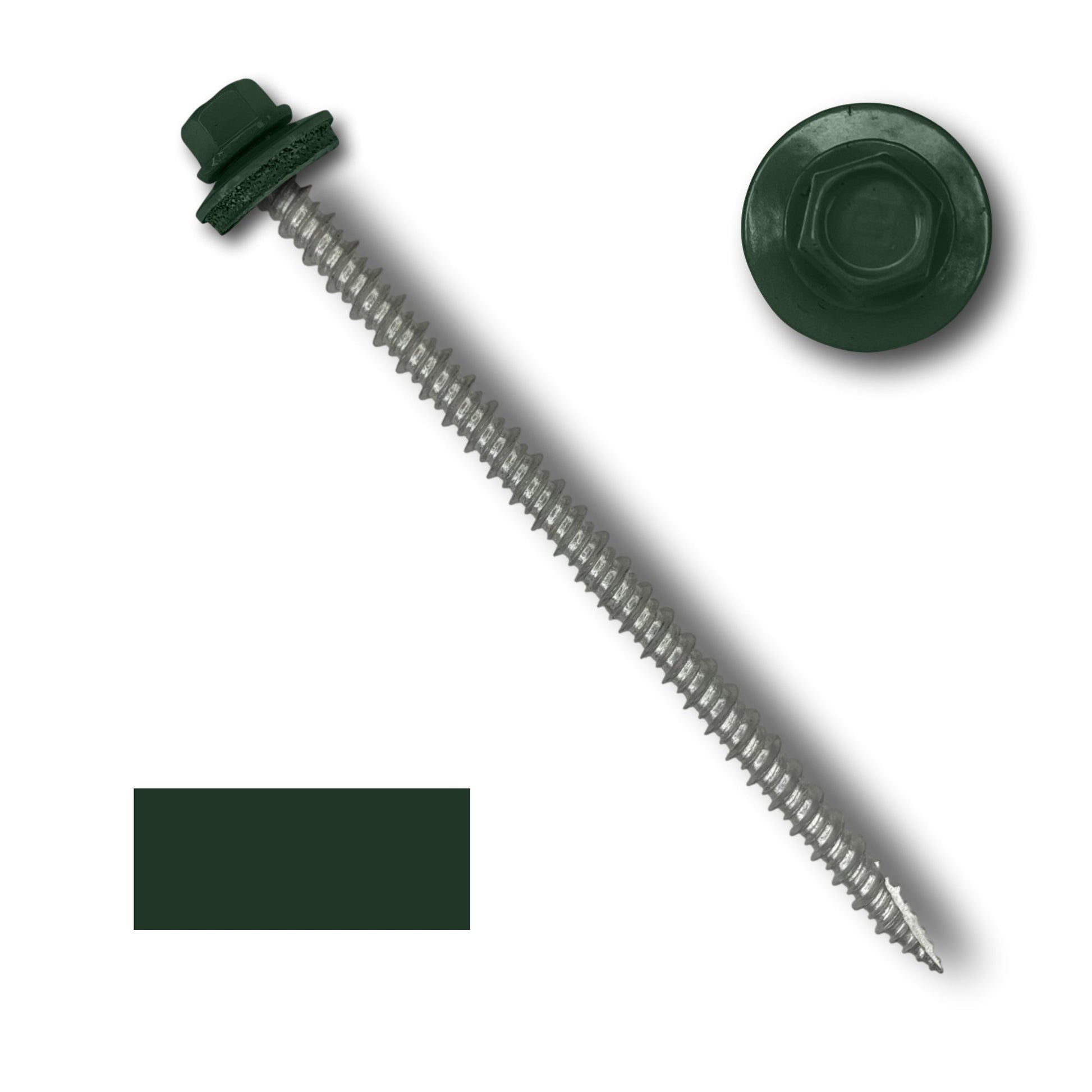 A close-up image of a green 1/4" hex head Perma Cover #10 Metal Roofing Screw (Metal-to-Wood) with an EPDM rubber washer. The screw features a sharp, pointed tip and wide coarse threads. Beside the screw are two additional views: a top view showing the hexagonal head and washer, and a color swatch of dark green.