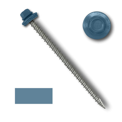 An elongated, metal-colored screw with wide coarse threads and a 1/4' blue hexagonal head featuring an EPDM rubber washer is shown. The image includes a close-up of the screw head and a blue color swatch matching the head, providing a color reference. This product is the Perma Cover #10 Metal Roofing Screws (Metal-to-Wood).