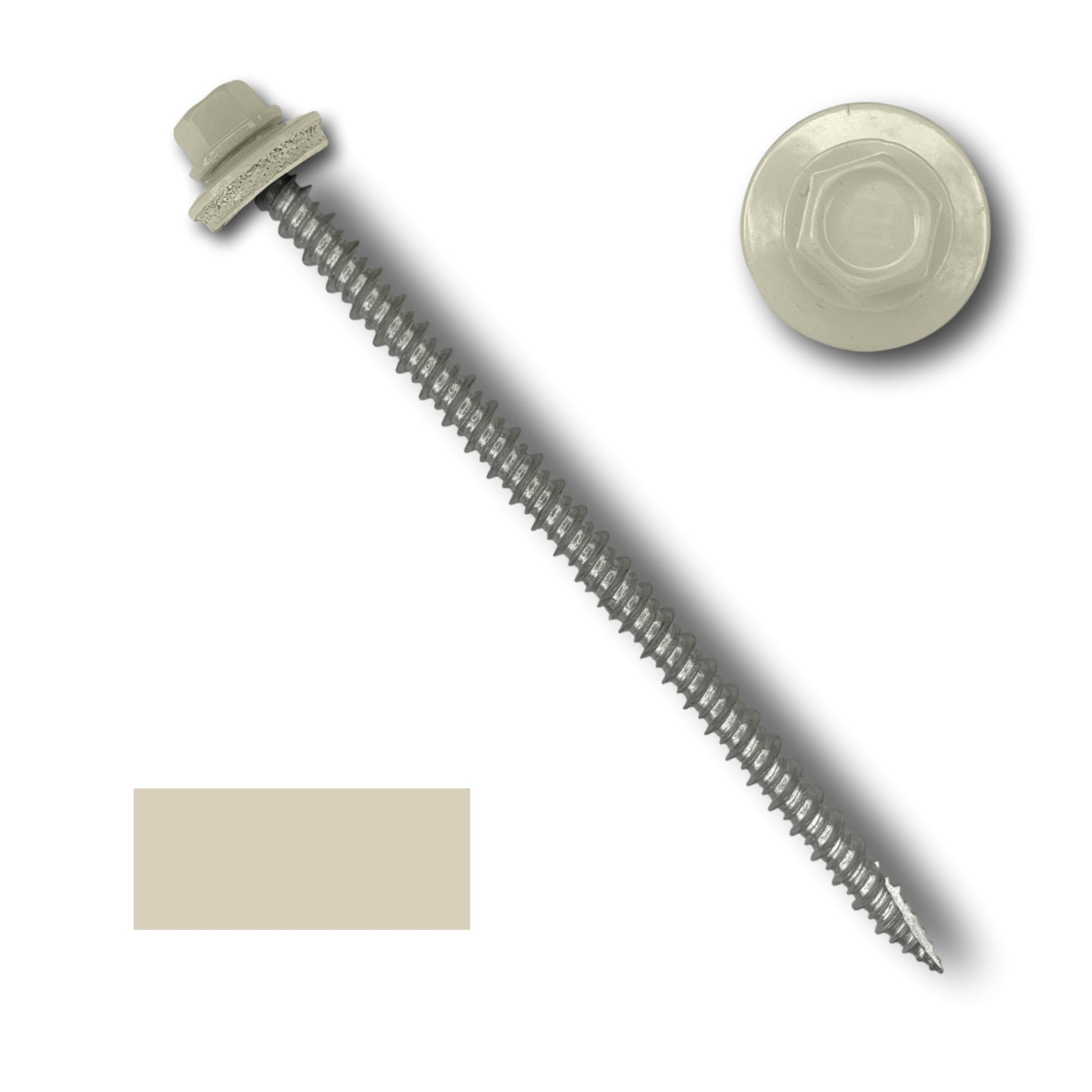 A beige 1/4" hex head screw with a washer is depicted. The close-up view reveals an EPDM rubber washer and wide coarse threads. Below the screw, there is a small beige color swatch matching the screw's head. This product is known as #10 Metal Roofing Screws (Metal-to-Wood) by Perma Cover.