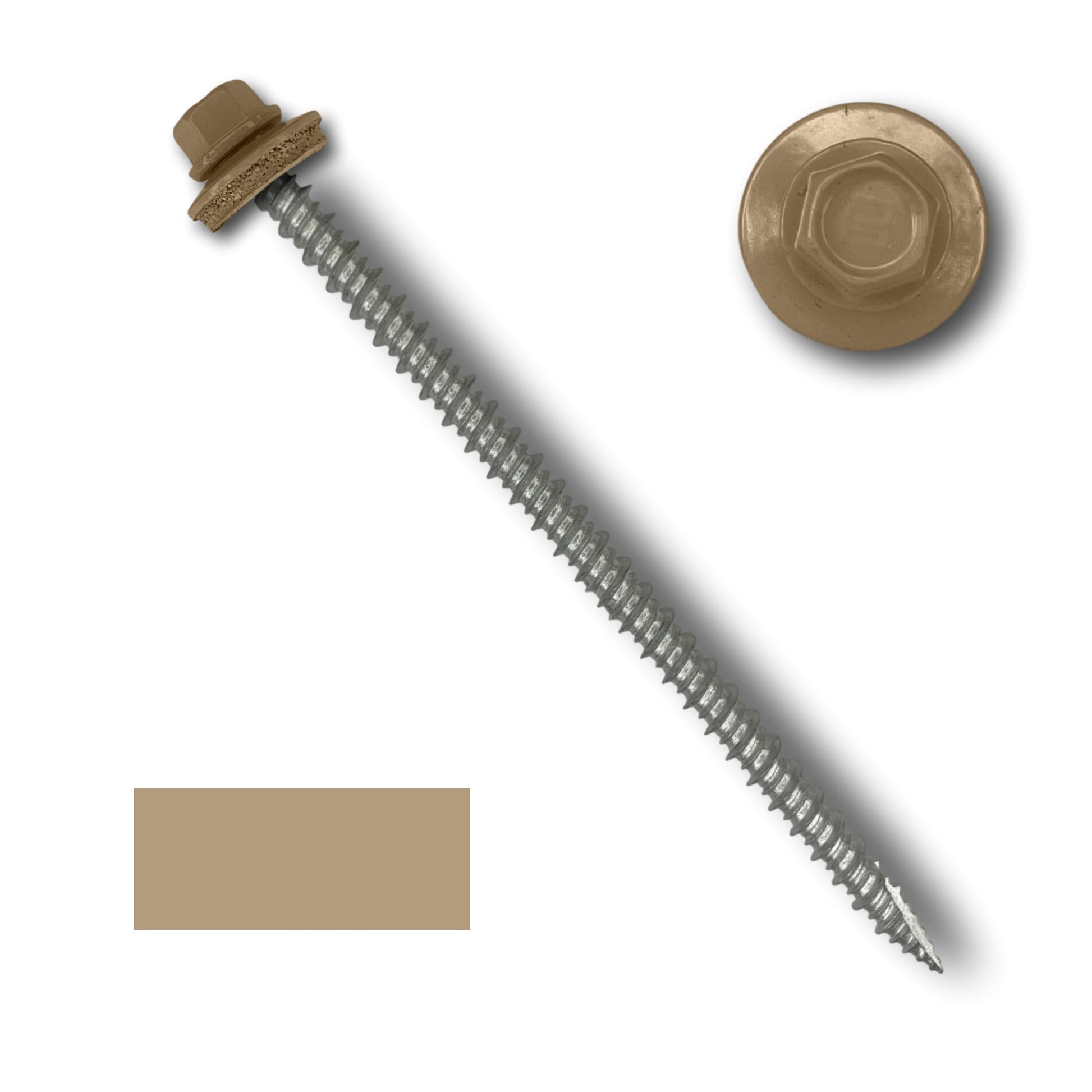 An image of a long, silver, threaded screw featuring wide course threads and a brown 1/4" hex head with an attached EPDM rubber washer. Next to it are two additional elements: a close-up of the hexagonal head and a small, rectangular color swatch matching the head's color. The product is Perma Cover #10 Metal Roofing Screws (Metal-to-Wood).