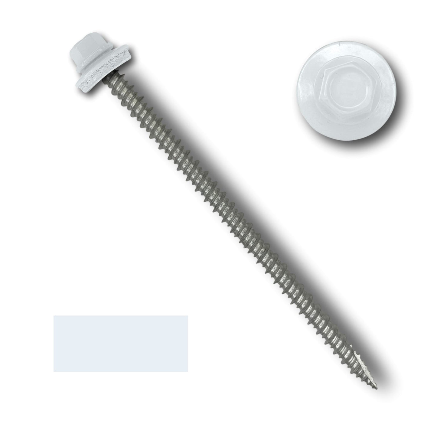 A detailed image of a Perma Cover #10 Metal Roofing Screws (Metal-to-Wood) with wide coarse threads, a 1/4" hex head, and an EPDM rubber washer. The screw is tilted diagonally, with threading along its body and a pointed tip at the bottom. There's a close-up view of the screw head to the upper right, showing a white cap covering the hex head.