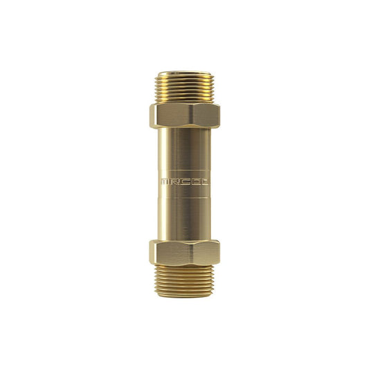 The MRCOOL DIY Direct 1/2" Quick Connector for MrCool Individual Coupler (No Communication Wire) is a brass pipe fitting featuring threaded ends, designed to ensure secure connections in plumbing or piping systems. This cylindrical connector includes two hexagonal nuts in the middle for straightforward installation and adjustments, making it ideal for MrCool DIY HVAC projects that use pre-filled quick connectors.