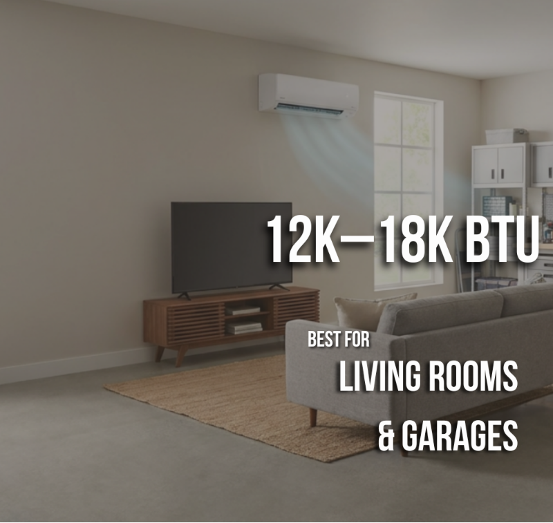 12K to 18K BTU mini split system installed in a living room for medium space heating and cooling