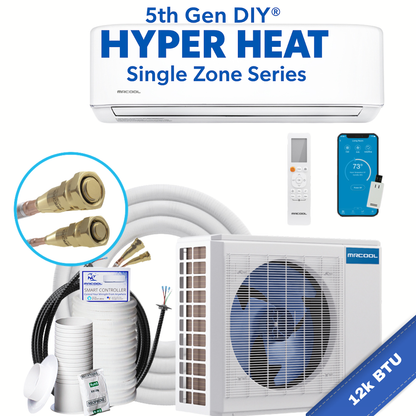 MRCOOL DIY Hyper Heat 12,000 BTU wall-mounted air handler for single zone mini split system, slim indoor unit with swing louvers for high-efficiency heating and cooling down to -22°F.