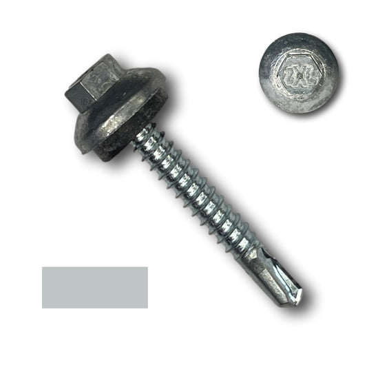 Close-up image of a #12 x 1.5" ZXL Dome Cap Metal Building Screws (Metal-to-Metal), Self-Drilling - 250 Pack by Perma Cover with a bright metallic finish. The screw, ideal for metal building projects, features a drill bit tip and a threaded shaft. Additionally, there is a small, separate circular view of the head showcasing the detailed markings on it.