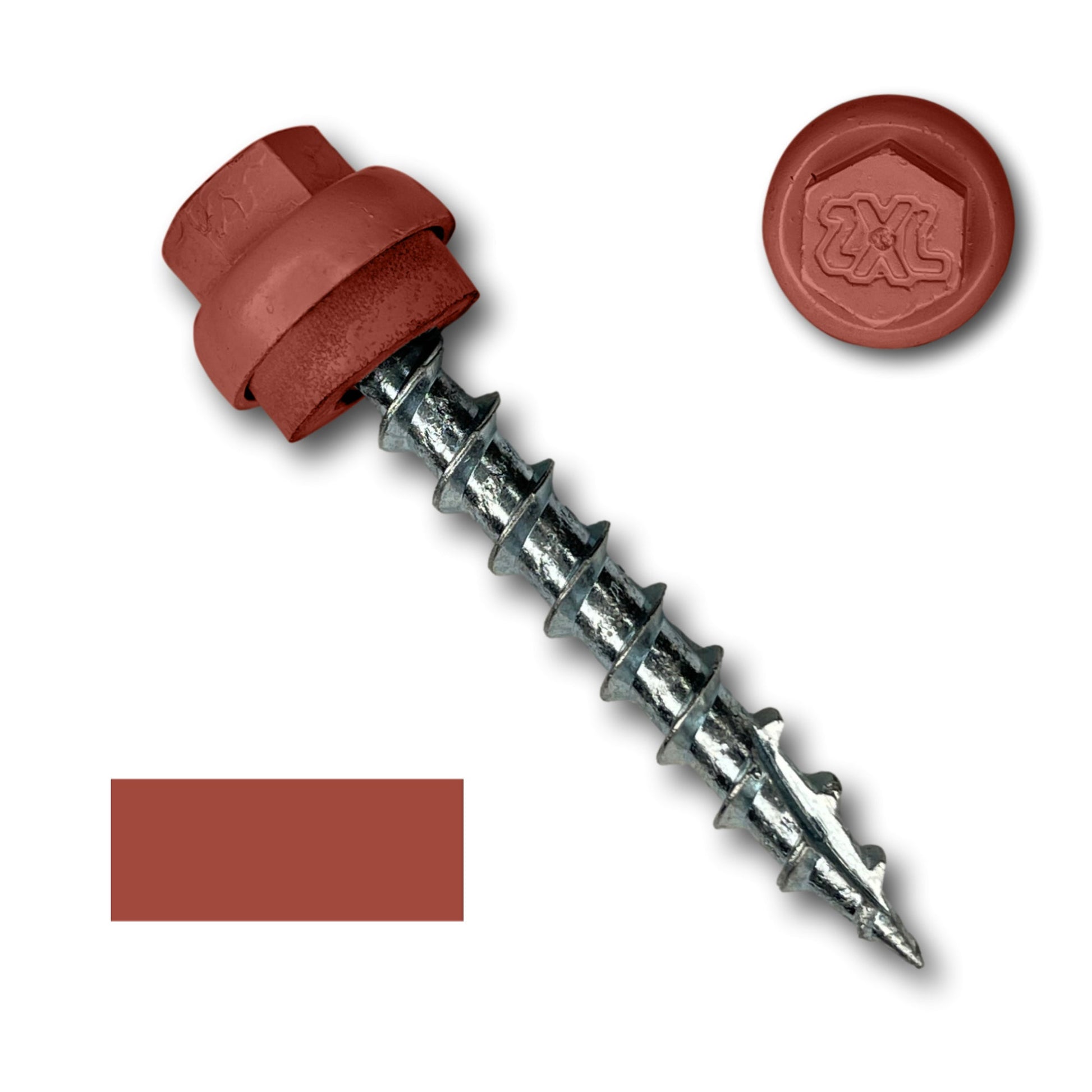 Close-up of a silver, twisted, metallic screw with a red rubber washer at the top, ideal for metal-to-wood applications like metal roofing. It is accompanied by a detached Perma Cover #12 x 1.5" ZXL Dome Cap Metal Roofing Screws (Metal-to-Wood) - 250 Pack with an embossed logo and a solid red color swatch for reference.